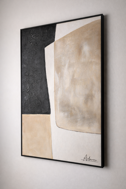 geometric abstract wall art hand-painted in black and beige with textured canvas