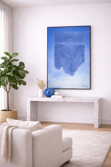 coastal horizon wall art with textured mixed media and blue tones