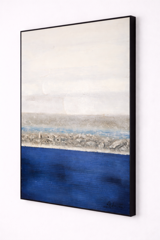 Abstract textured coastal horizon wall art with layered mixed media on wood panel