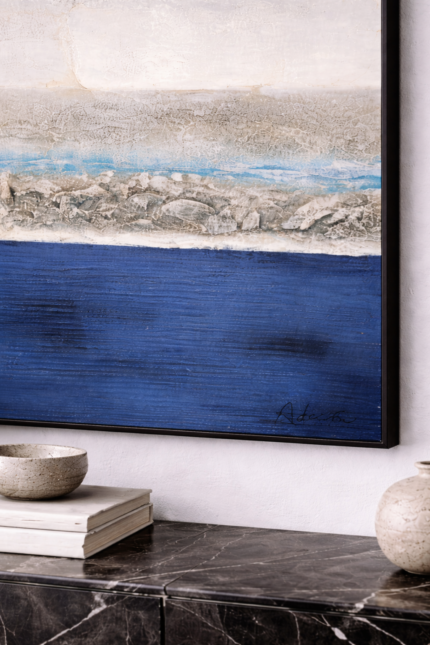 Abstract textured coastal horizon wall art with layered mixed media on wood panel