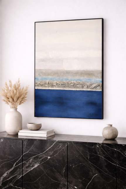 Abstract textured coastal horizon wall art with layered mixed media on wood panel