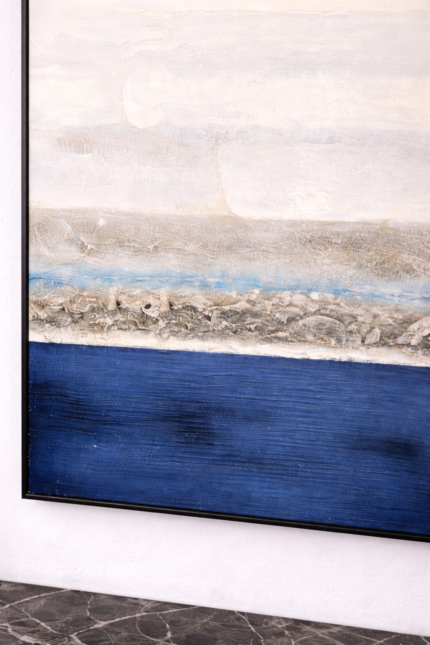 Abstract textured coastal horizon wall art with layered mixed media on wood panel
