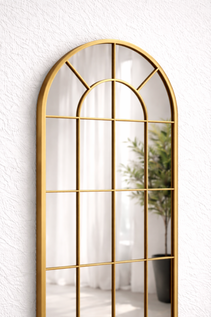 arched gold wall mirror 100x180 with window style grid design