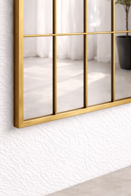 arched gold wall mirror 100x180 with window style grid design
