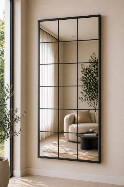 black full length grid mirror uae 90x180 rectangular window style mirror