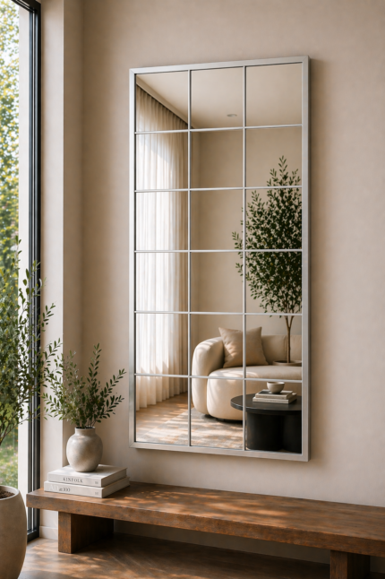 Silver Full Length Grid Mirror UAE – Modern Rectangular Wall Mirror