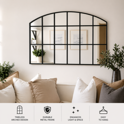 black horizontal full arch grid wall mirror uae 110x180 window style mirror above console