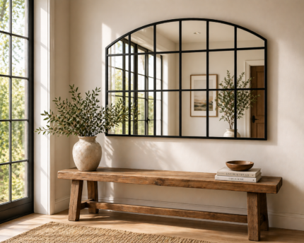 black horizontal full arch grid wall mirror uae 110x180 window style mirror above console