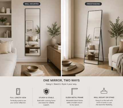 black full length standing wall mirror uae 80x180 slim frame floor or wall mounted mirror