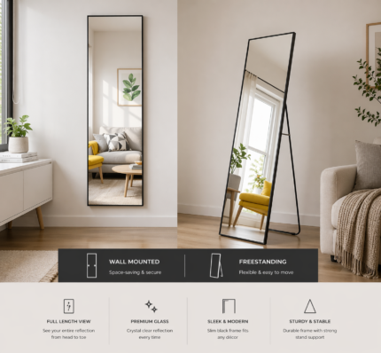 black full length standing wall mirror UAE slim frame floor or wall mounted