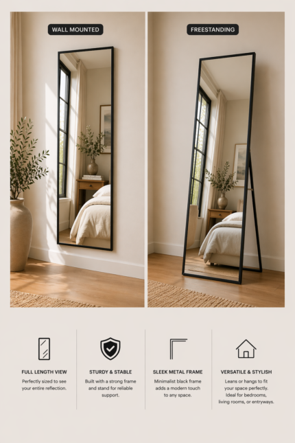 black full length standing wall mirror uae 80x180 slim frame floor or wall mounted mirror