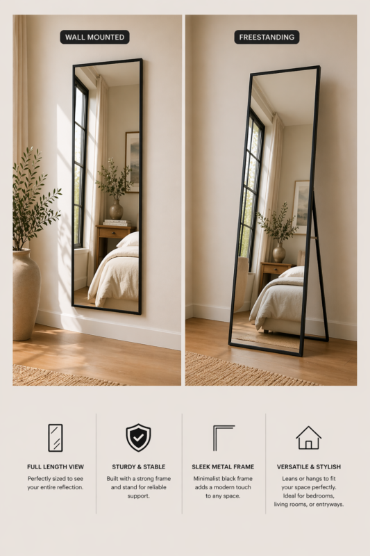 black full length standing wall mirror uae 80x180 slim frame floor or wall mounted mirror