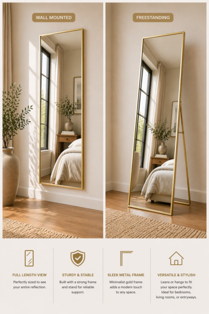 gold full length standing wall mirror uae 80x180 slim frame floor or wall mounted mirror
