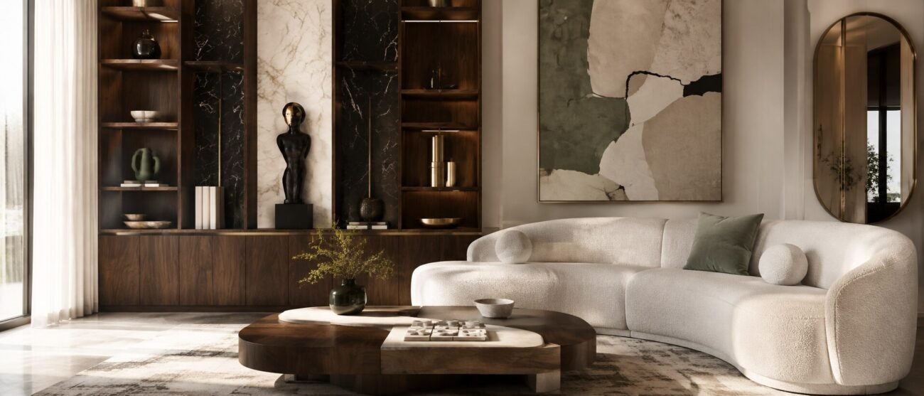 Luxury MAZART Home interior with walnut and marble shelving, sofa, art, mirror and decorative accessories