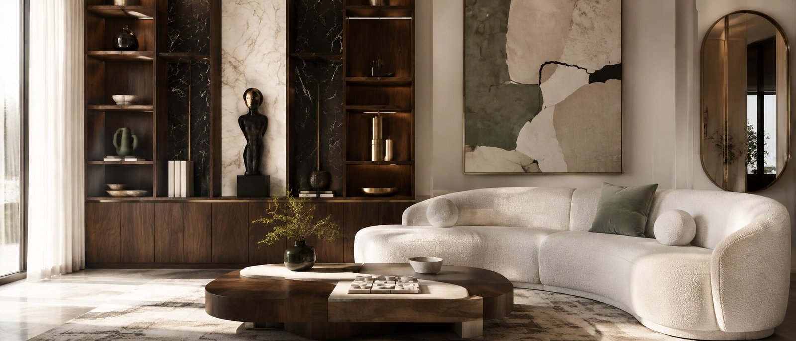 Luxury MAZART Home interior with walnut and marble shelving, sofa, art, mirror and decorative accessories